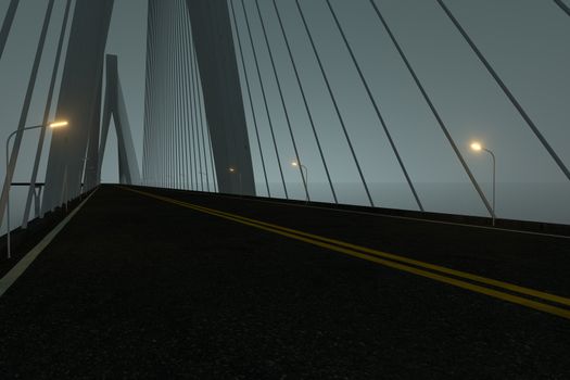 Asphalt road on the suspension bridge at night, 3d rendering. Computer digital drawing.