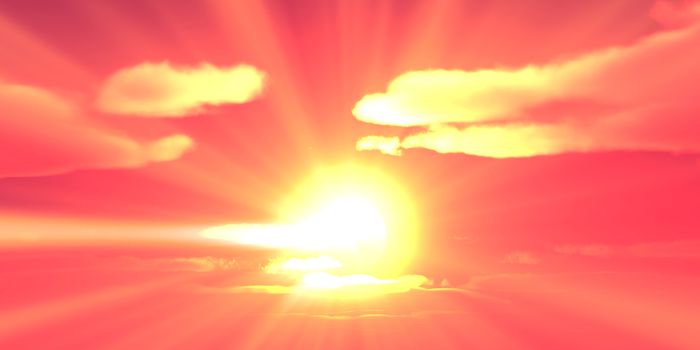 Big sun sky at beautiful sunset, 3d render illustration