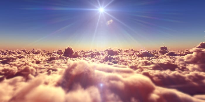 fly above clouds sunset landscape, 3d render illustration