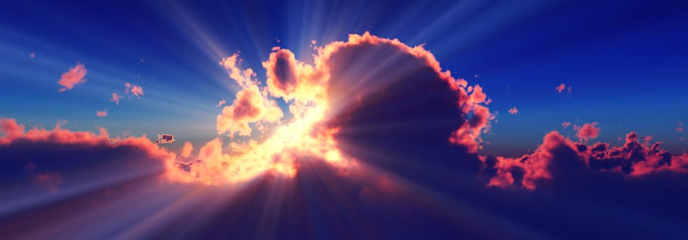 above clouds sun ray sunset. 3d render illustration