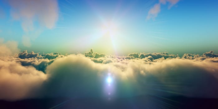 Beautiful aerial view above clouds with sunset. 3d illustration