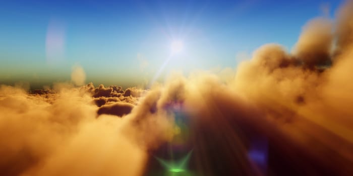 Beautiful aerial view above clouds with sunset. 3d illustration