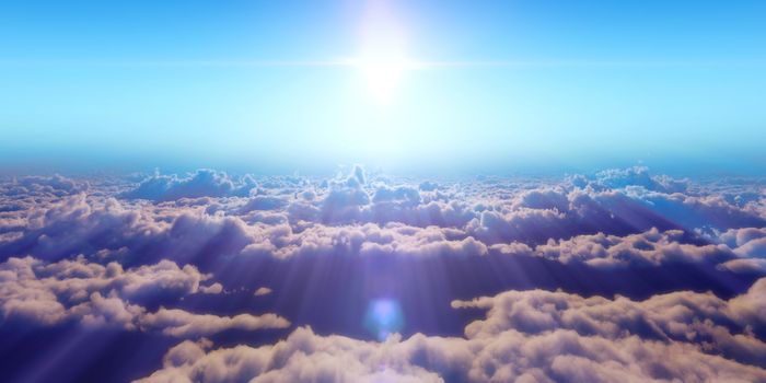 Beautiful aerial view above clouds with sunset. 3d illustration