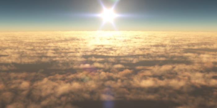 fly above clouds sunset landscape, 3d render illustration