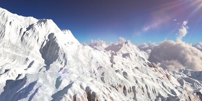 Mountain panorama over the clouds. Computer generated 3D illustration