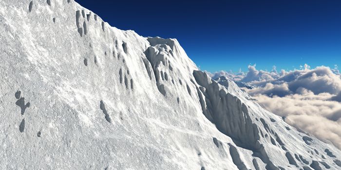 Mountain panorama over the clouds. Computer generated 3D illustration