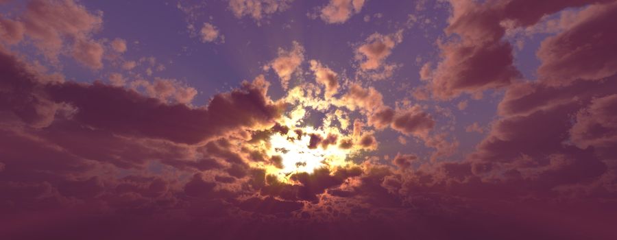 Sunset / sunrise with clouds, light rays and other atmospheric effect, 3d illustration