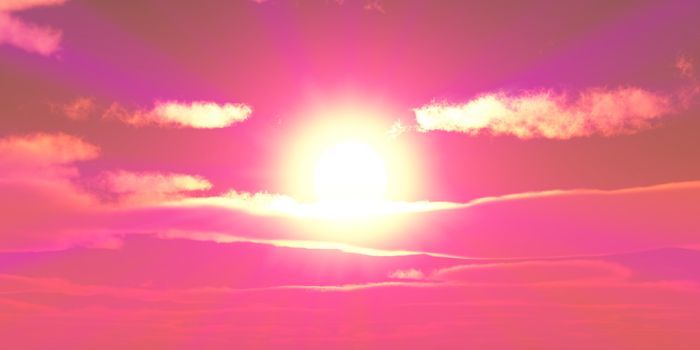 Big sun sky at beautiful sunset, 3d render illustration