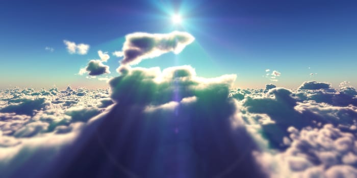 fly above clouds sunset landscape, 3d render illustration