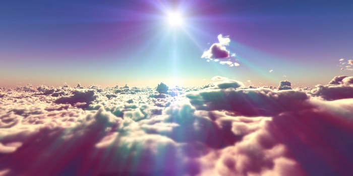 fly above clouds sunset landscape, 3d render illustration