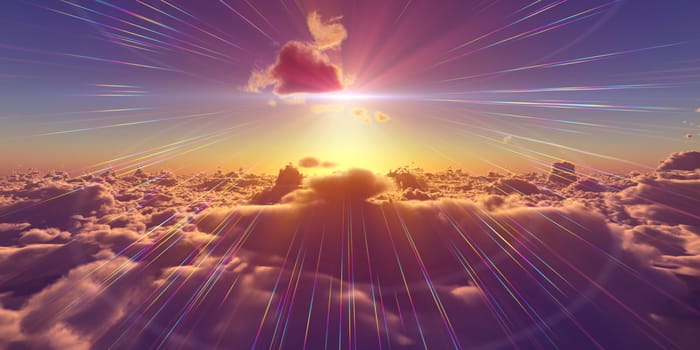 fly above clouds sunset landscape, 3d render illustration