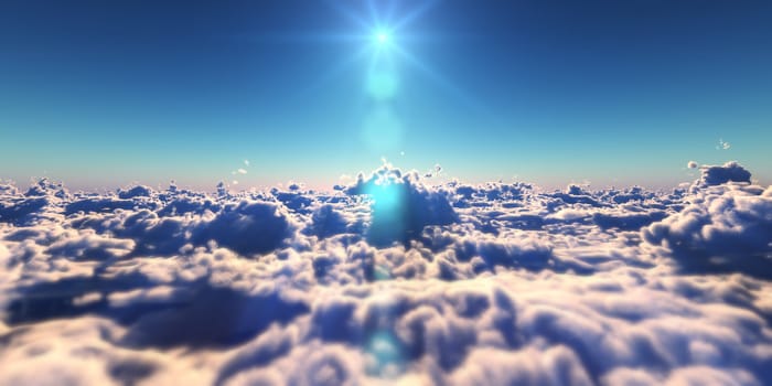 fly above clouds sunset landscape, 3d render illustration