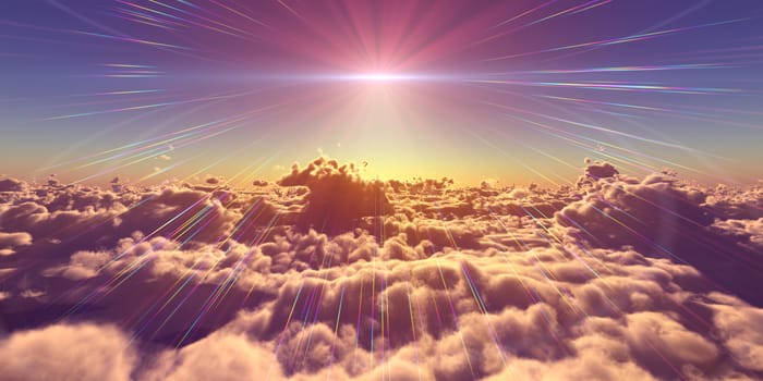 fly above clouds sunset landscape, 3d render illustration