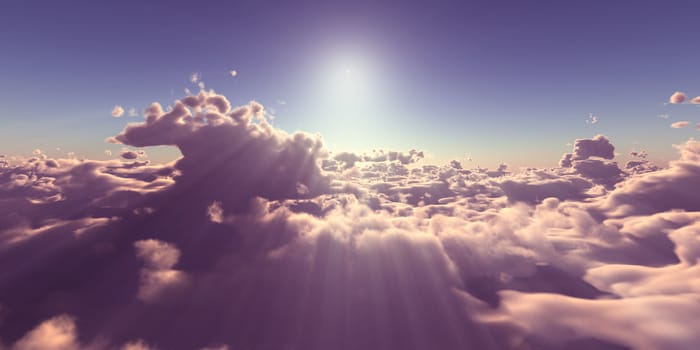 fly above clouds sunset landscape, 3d render illustration