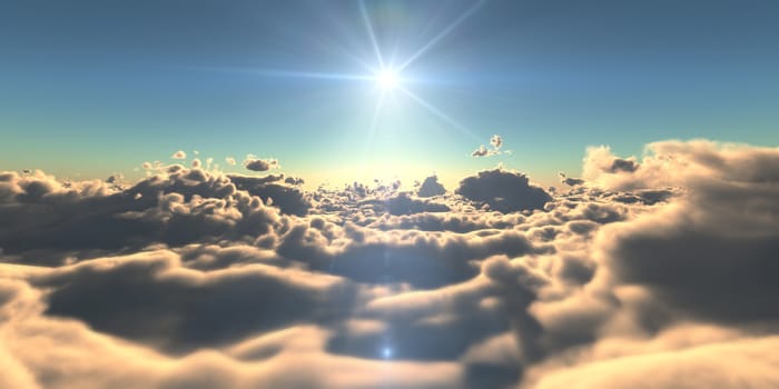 fly above clouds sunset landscape, 3d render illustration