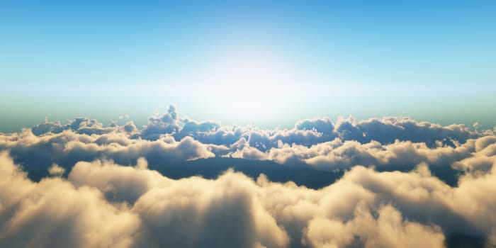 Beautiful aerial view above clouds with sunset. 3d illustration