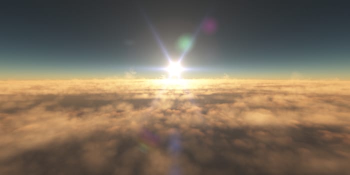 fly above clouds sunset landscape, 3d render illustration