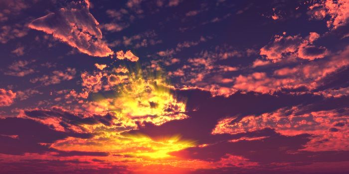 Sunset / sunrise with clouds, light rays and other atmospheric effect, 3d illustration