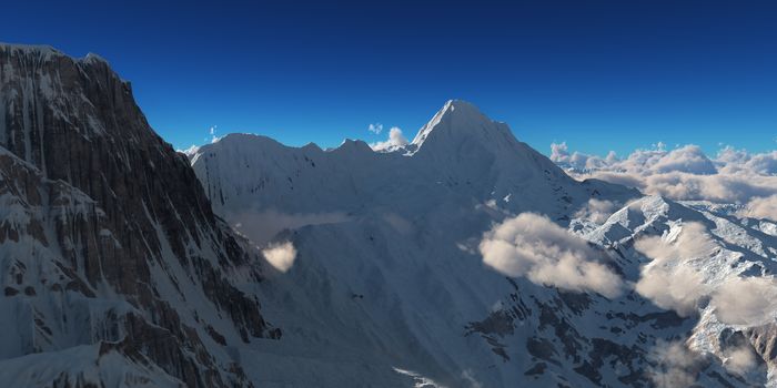 Mountain panorama over the clouds. Computer generated 3D illustration