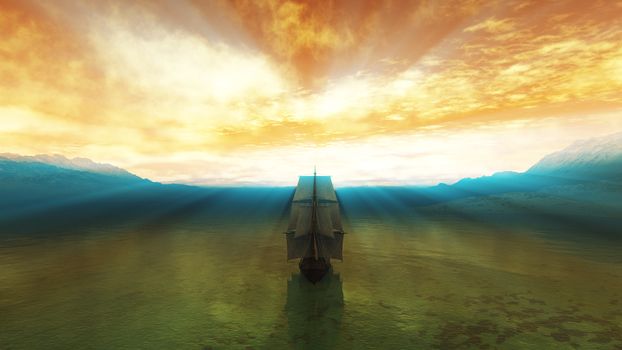 old ship at sea sunset, 3d render illustration