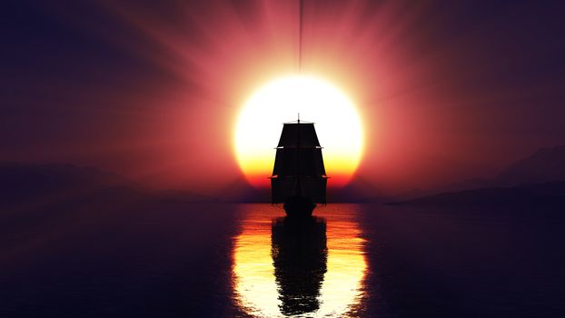 old ship at sea sunset, 3d render illustration