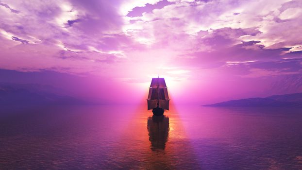 old ship at sea sunset, 3d render illustration