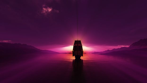 old ship at sea sunset, 3d render illustration