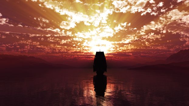 old ship at sea sunset, 3d render illustration