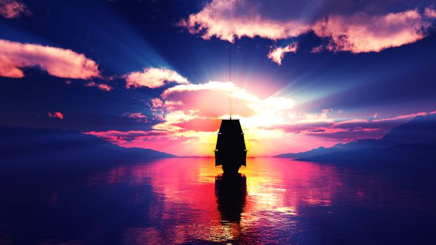 old ship at sea sunset, 3d render illustration