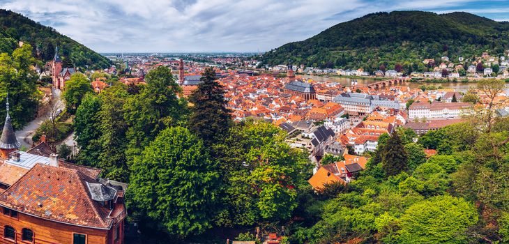 Panoramic view of beautiful medieval town Heidelberg including Carl Theodor Old Bridge, Neckar river, Church of the Holy Spirit, Germany