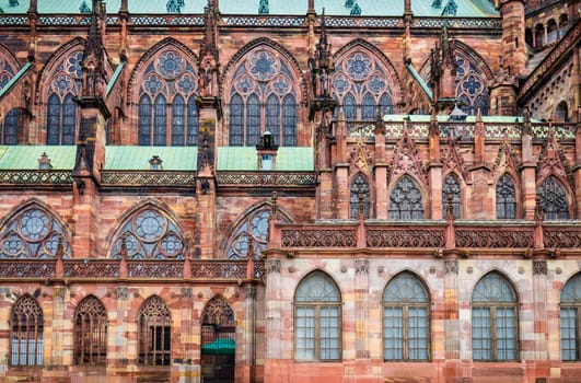 Huge tower and elegant exterior architecture of Notre dam of Strasbourg cathedral in Strasbourg, France