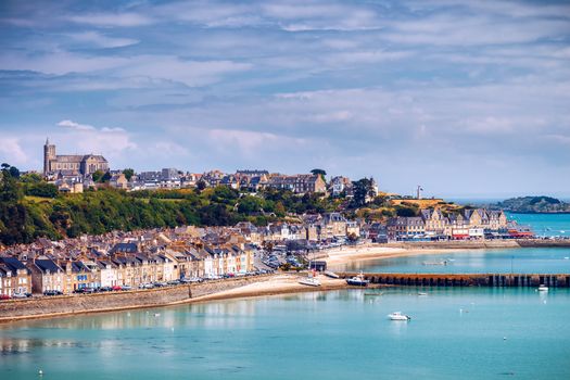 Panoramic view of Cancale, located on the coast of the Atlantic Ocean on the Baie du Mont Saint Michel, in the Brittany region of Western France