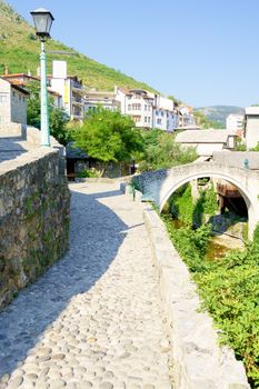 The Crooked Bridge in the old city of Mostar, Bosnia and Herzegovina