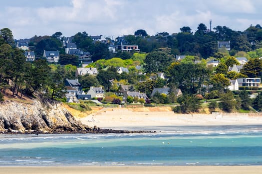 Beautiful village of Morgat with the sand beach and rocky coastline, Finistere, Brittany (Bretagne), France.