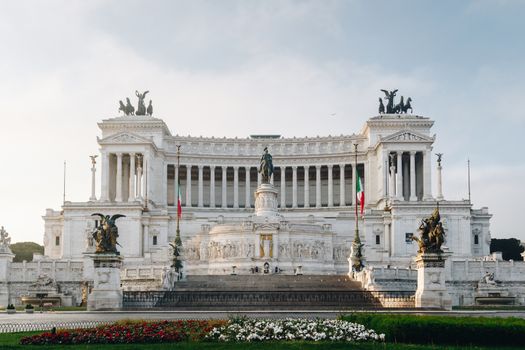 Beautiful Altar Of The Fatherland (Altare della Patria, known as the national Monument to Victor Emmanuel II or II Vittoriano ) at sunset.Famous Roman landmark. Piazza Venezia. Rome. Italy. Europe.