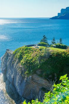 Landscape of cliffs and ocean in Cap-Bon-Ami, in the north sector of Forillon National Park, Gaspe Peninsula, Quebec, Canada