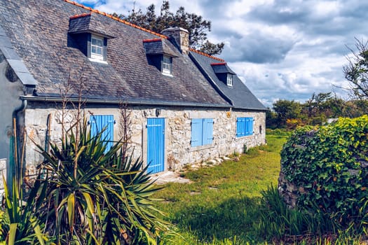 Street view of beautiful village of Rostudel former fishing village, Parc naturel regional d'Armorique. Finistere department, Camaret-sur-Mer. Brittany (Bretagne), France. 