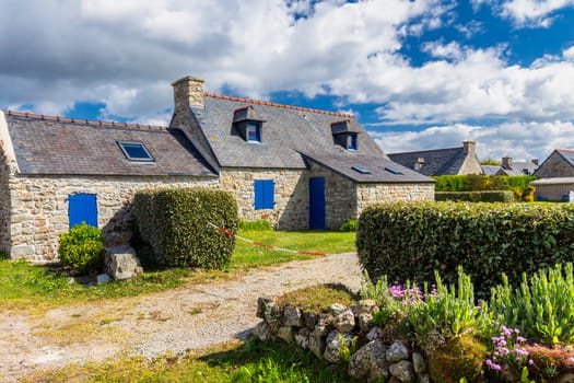 Street view of beautiful village of Rostudel former fishing village, Parc naturel regional d'Armorique. Finistere department, Camaret-sur-Mer. Brittany (Bretagne), France. 
