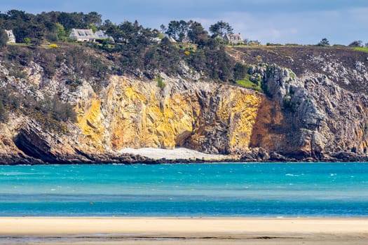Beautiful village of Morgat with the sand beach and rocky coastline, Finistere, Brittany (Bretagne), France.