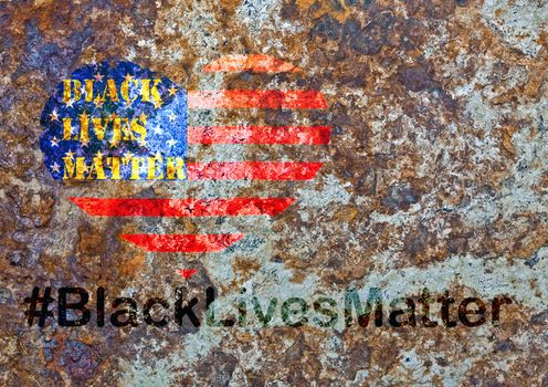 Black Lives Matter hashtag protestors anti Black racism african american people heart on United States flag stencil city street sandstone marble pattern texture