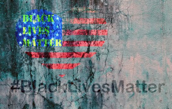 Black Lives Matter hashtag text liberation banner designs stencil heart flag of the United States of America city street old concrete wall