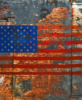 Brick wall background red urban cracked building Flag of the United States of America USA
