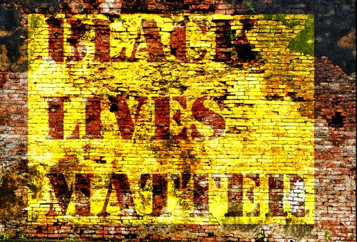 Black Lives Matter slogan protestors anti Black racism african American yellow stencil brick wall background red urban cracked building