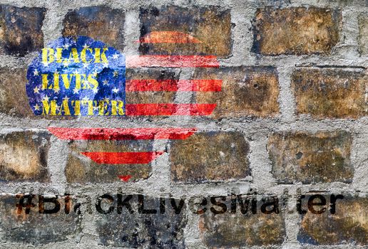 Black Lives Matter hashtag African-American people Protest against Black racism stencil heart United States of America United States Flag of the USA brick wall background texture stone
