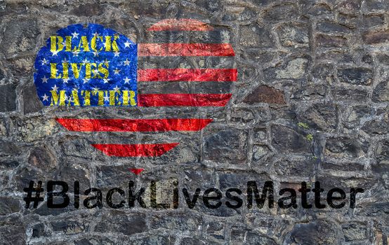 Black Lives Matter hashtag slogan anti Black racism African-American people stencil heart on American flag United States black brick wall background texture stone