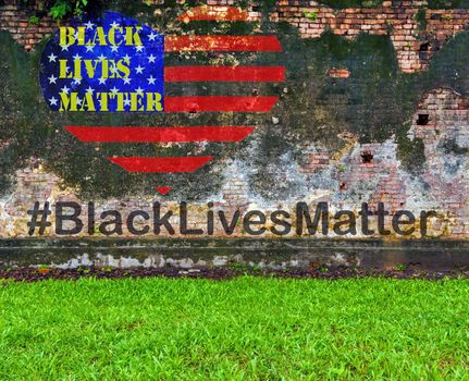 Black Lives Matter hashtag protestors anti Black racism african american people heart on United States flag stencil city street Green grass old brick wall background cracked building