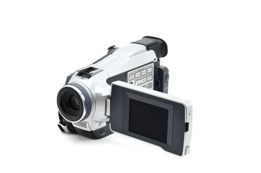 Semi-professional video camcorder used for shooting video clips on Isolated white background