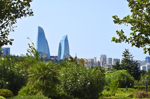 Views of the upland park and architecture from the shores of the Caspian Sea in Baku