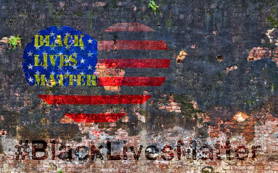 Black Lives Matter hashtag slogan anti Black racism African-American people stencil heart on American flag United States brick wall background