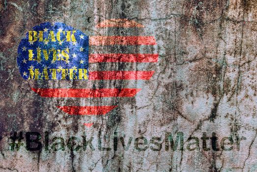 Black Lives Matter hashtag text liberation banner designs stencil heart flag of the United States of America city streetconcrete wall